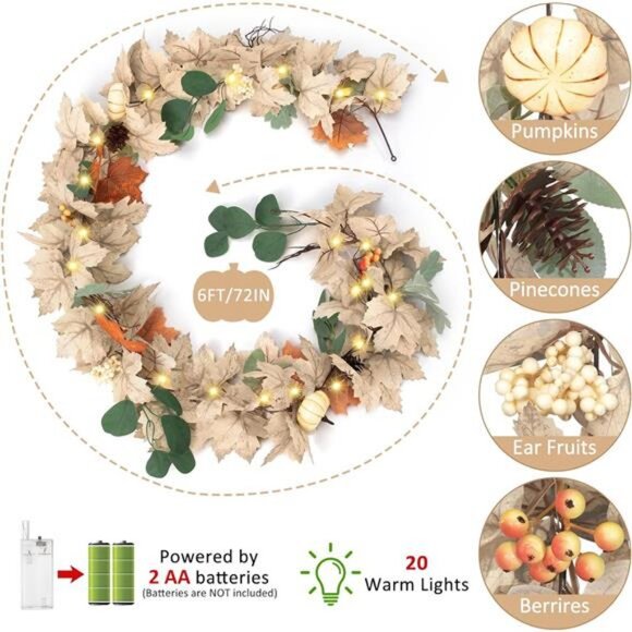 Fall Leaves Garland with Lights for Mantle Decor, 6 Ft Neutral Fall Ear Maple - Picture 4 of 7